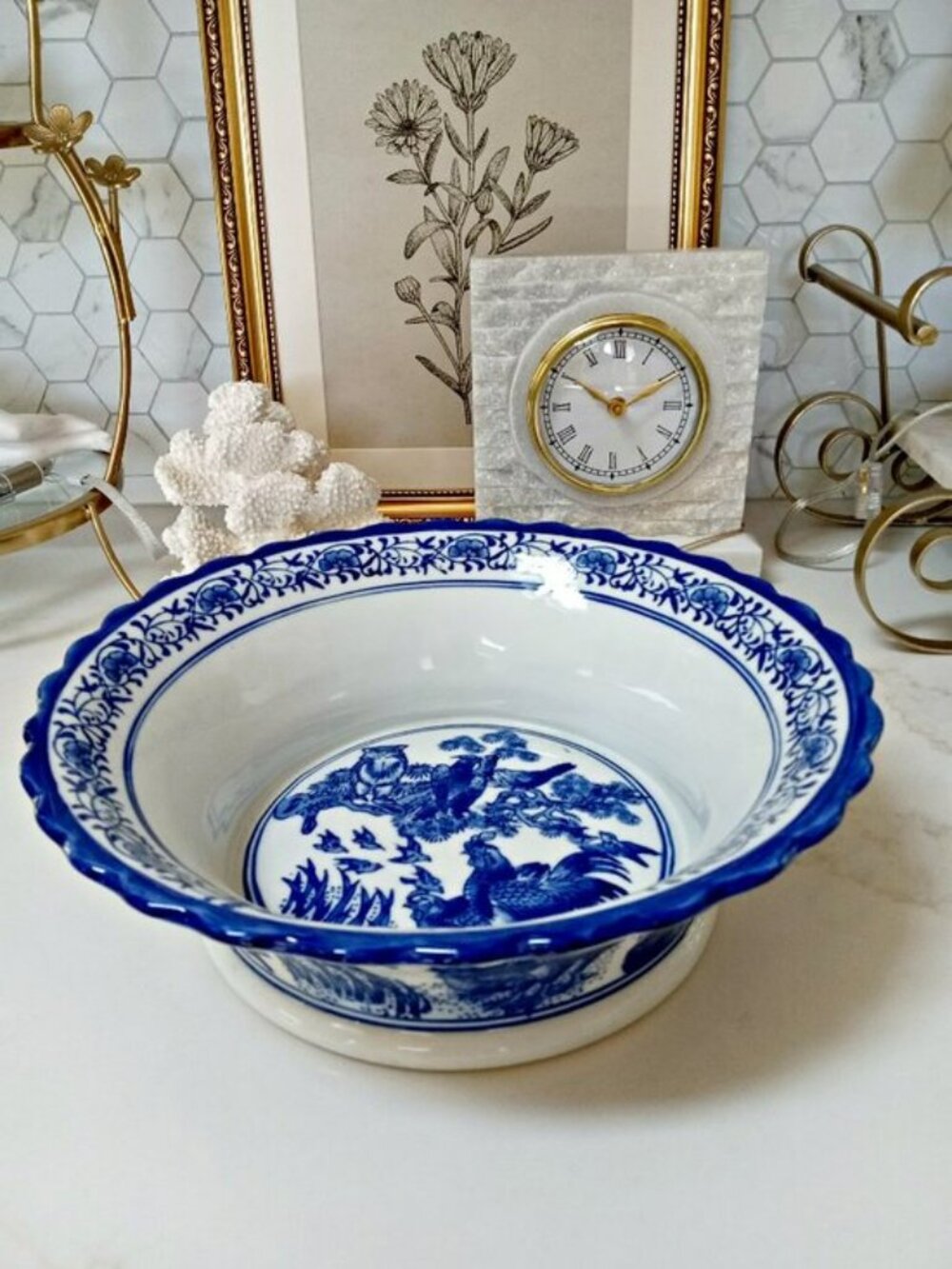 EXQUISITE Farmhouse Roosters TOILE SERVING Accent BOWL